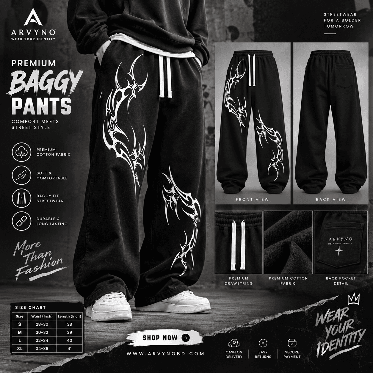 ARVYNO Premium Baggy Pant — Obsidian Black alternate view